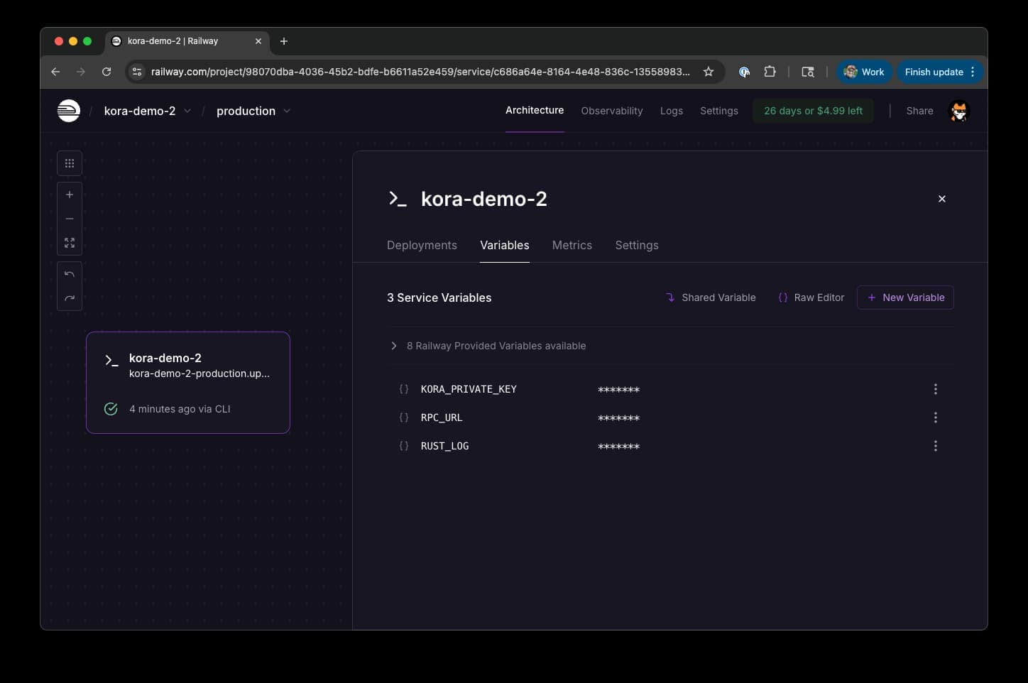 Railway Environment Variables for Kora